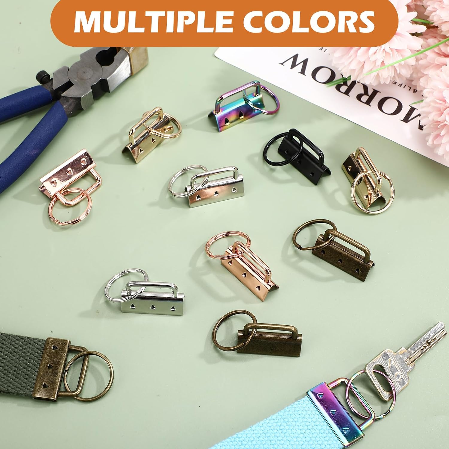 48 Pcs Keychain Fob Hardware Bulk 1.25" Key Hardware with Split Ring Wristlet Webbing Craft Lanyard Keychain Kit (6 Colors)