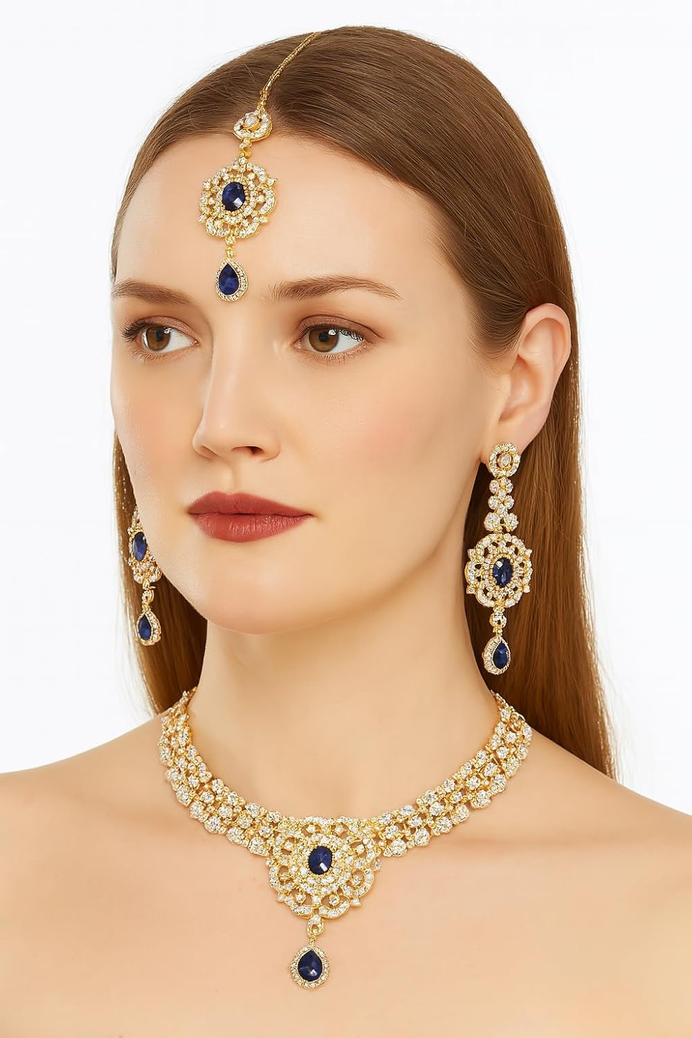 Touchstone Indian jewelry sets for women gold wedding tikka necklace set guest costume fancy bridal jewellery rhinestone crystal elegant formal prom evening wear dainty accessories - Image 2