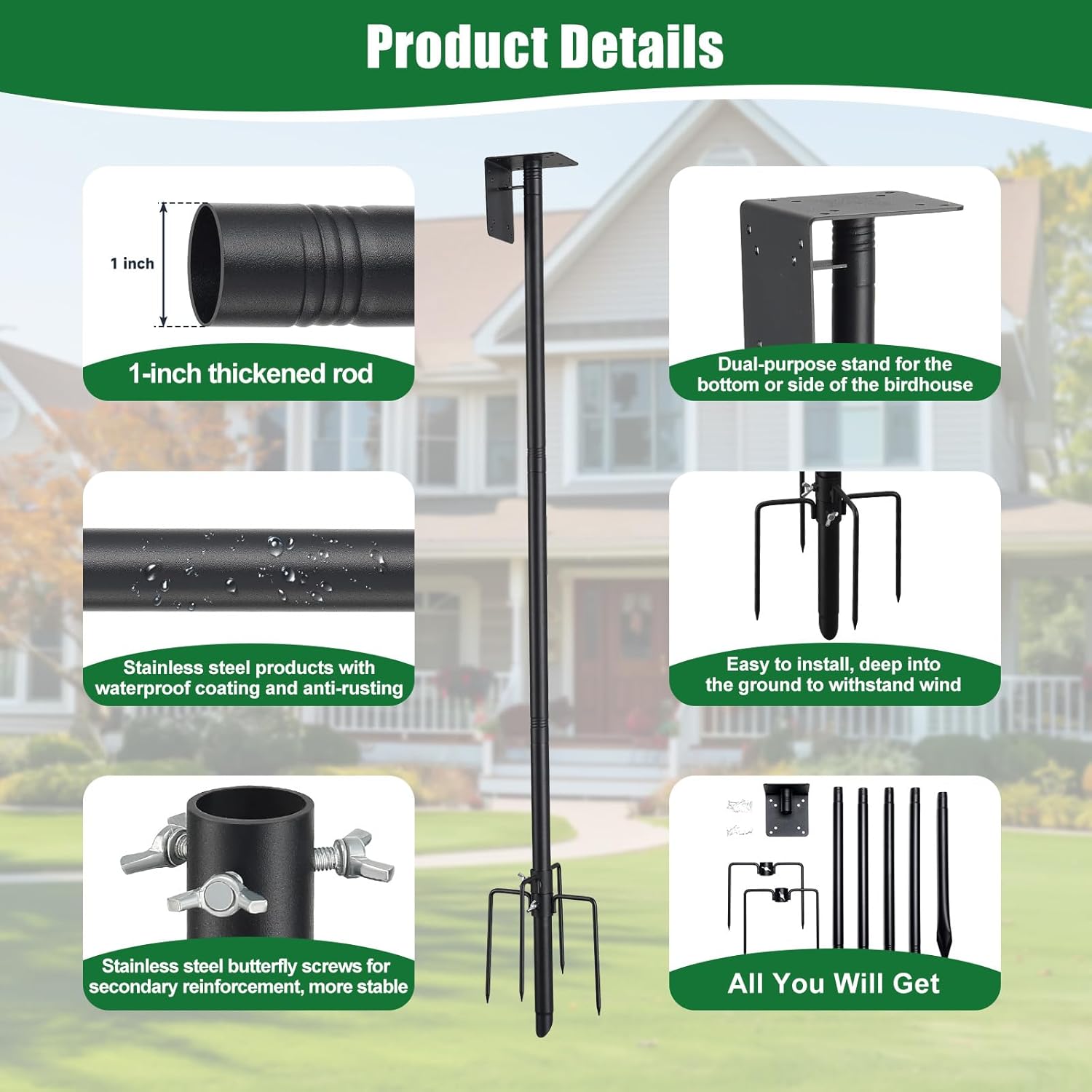 Bird Feeder Pole, 60" Heavy Duty Adjustable Bird Feeder Stand with 5-Pronged Base for Birdhouse Mounting, Weather Station, Outdoor, Yard, Garden