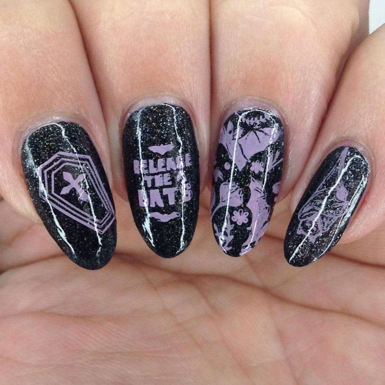 Maniology Bite Me Nail Stamping Plate | Victorian Vampire, Gothic Bat & Coffin Designs for Creepy Halloween DIY Manicures – Reusable Rectangular Stainless Steel Nail Art Template