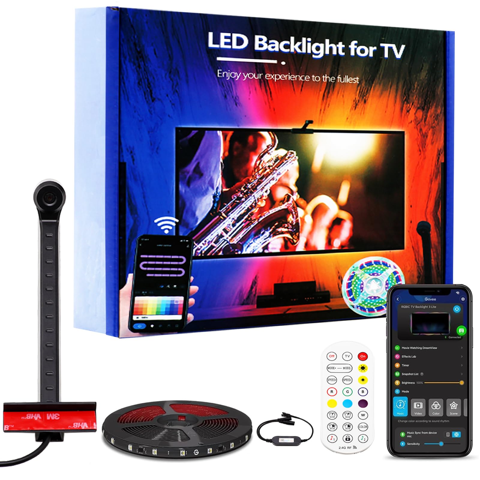 Rétroéclairage TV LED WiFi avec caméra, Smart RGBIC TV Light pour TV 55-75 pouces, visualisation, jeu