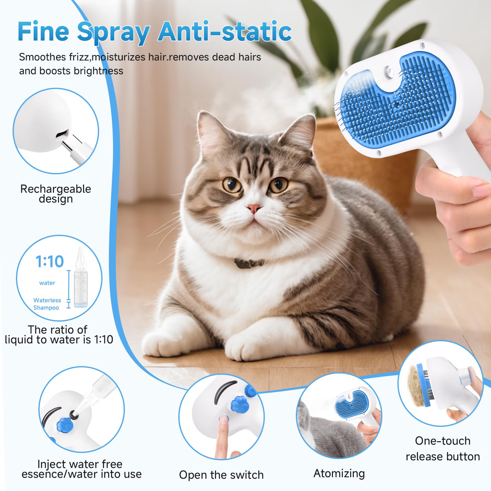 Pet Steam Brush for Dog & Cat - 3-in-1 Steam Grooming Slicker Brush & Undercoat Rake for Shedding - Self Cleaning Spray Comb with Mist for Long & Short Haired Pets - Includes Waterless Shampoo, Blue - image 7