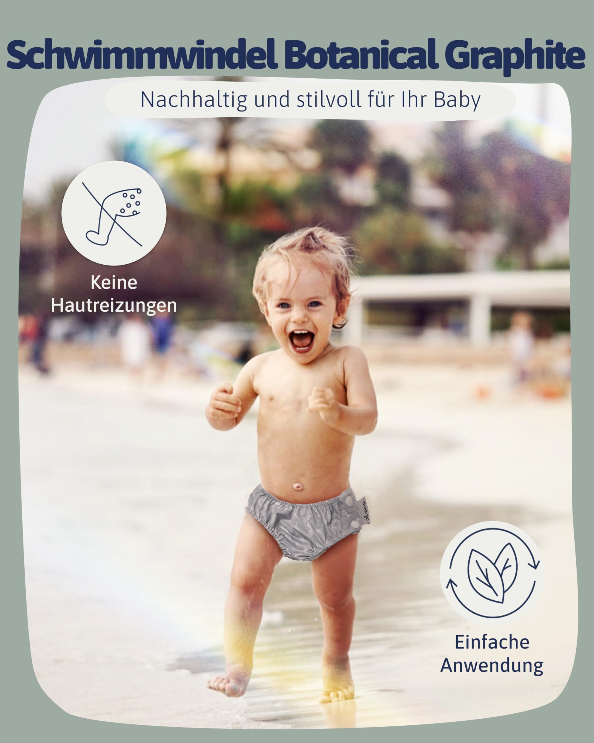Schwimmwindel Botanical Graphite (S - 56/62/68)– Nachhaltig, Auslaufsicher – Schwimmwindel Baby, Made in Europe – Material komplett recycelt