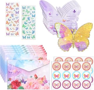 Yadiana 24 Pack Mini Butterfly Birthday Invitations, Birthday Party Invitations with Floral Envelopes and Butterfly Stickers, Butterfly Shape Birthday Invitation Cards for Kids Girls Boys Birthday Baby Shower Party Supplies