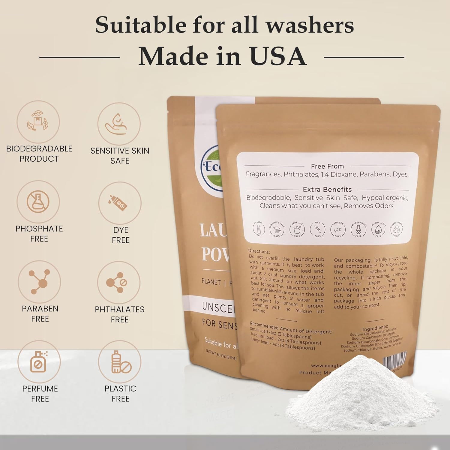 Powder Laundry Detergent, Biodegradable, Unscented Powder Laundry Detergent, Sustainable Packaging, Kids & Baby Safe, Hard Water Softener, 80 Loads