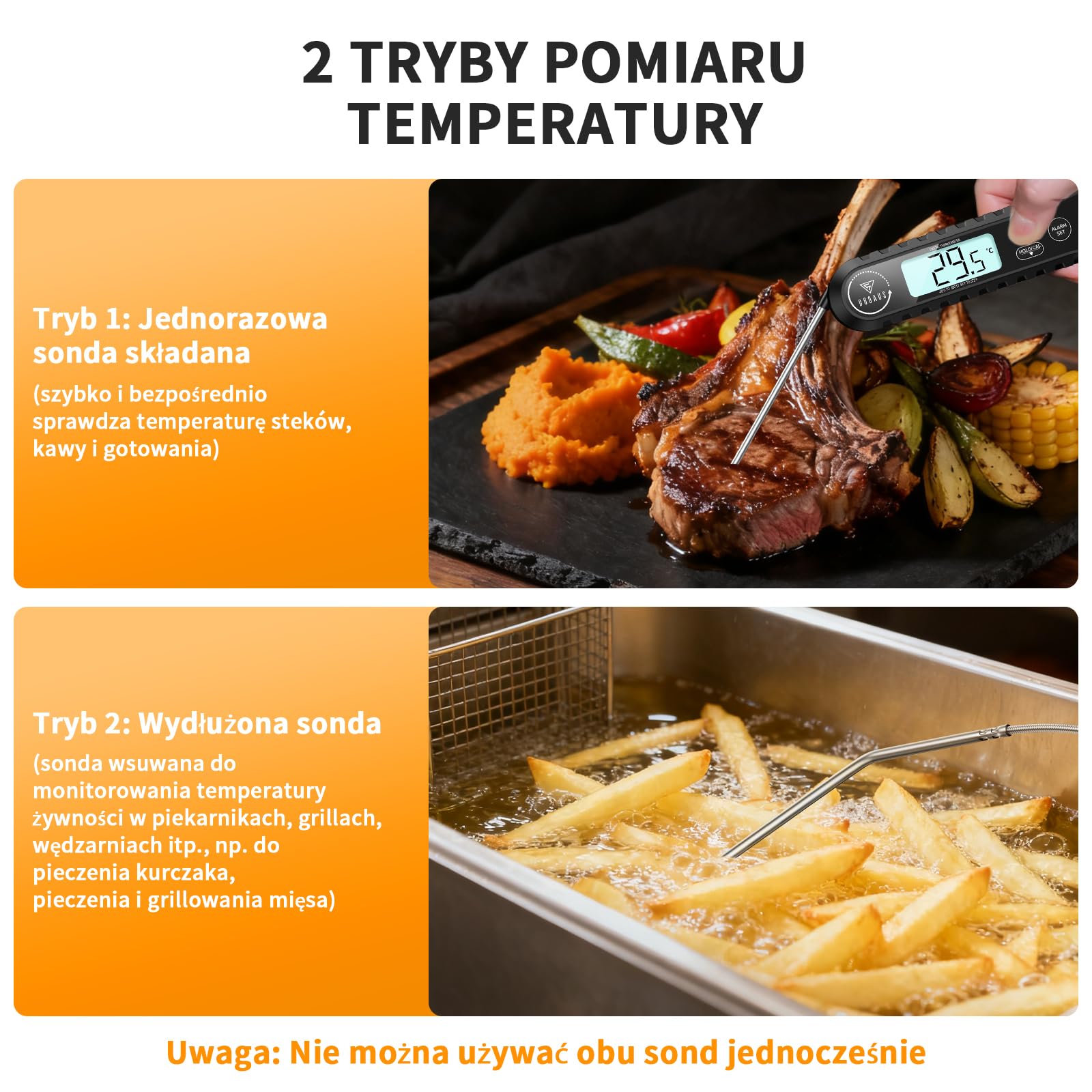 DOQAUS Termometr do mięsa z 2 Sondami - Dokładność ± 1°C i Pomiar w 3 Sekundy, Alarm i Podświetleniem do Pieczenia i Grillowania (Czarny)