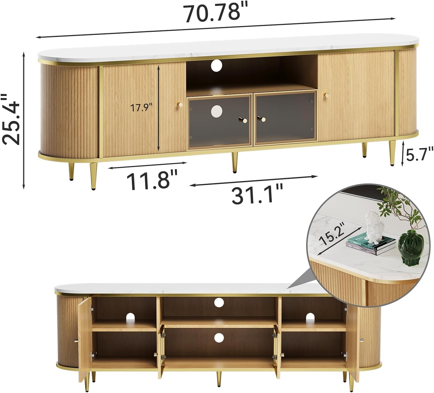 Luxury 70" Fluted TV Stand with Storage, Modern Entertainment Center for TVs Up to 80”, TV Console with Spaciouse Tabletop and Glass Door, Curved Edge Design, Media Console for Living Room, Natural