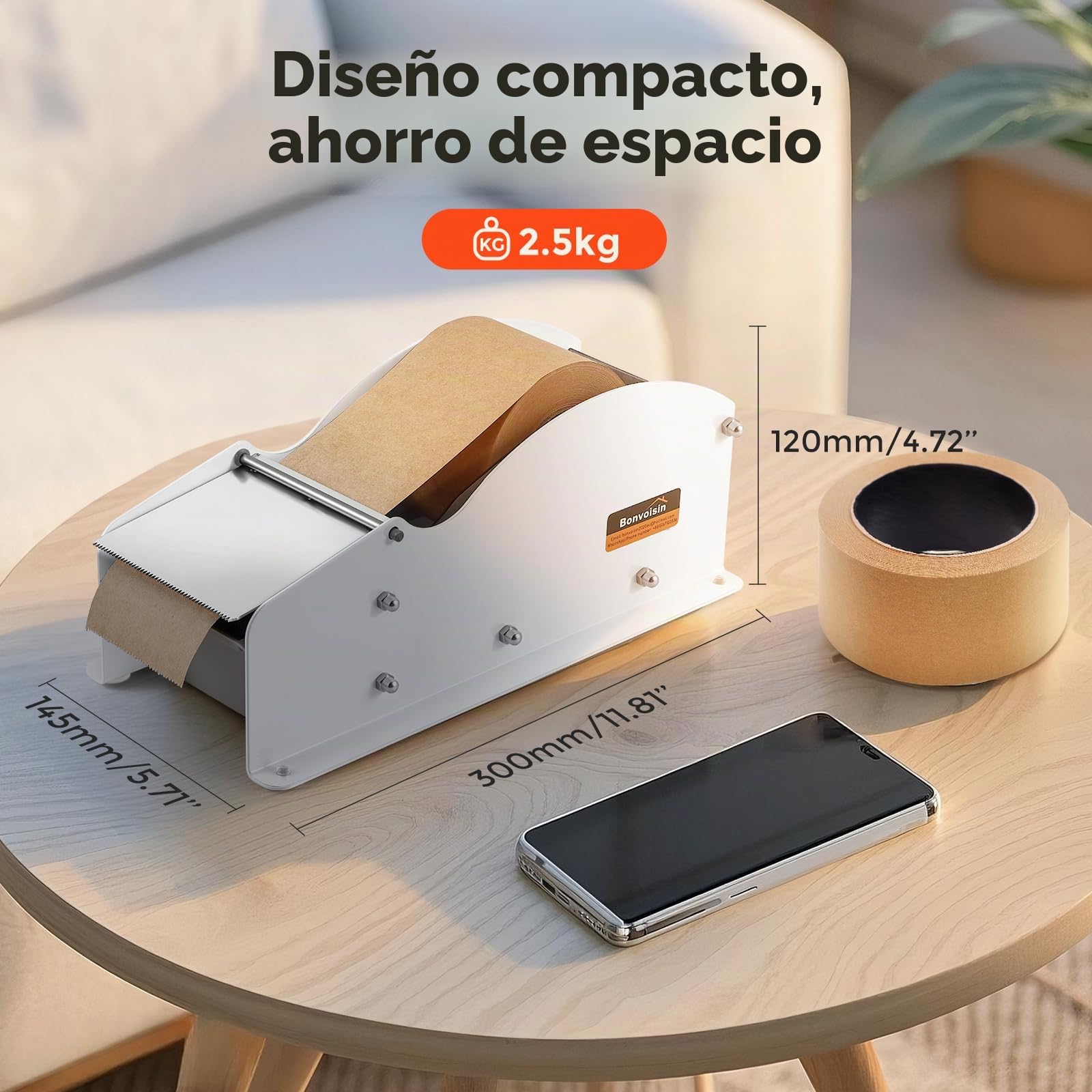 Bonvoisin Distribuidor Manual de Cinta Activada por Agua para Papel Kraft | Para Cinta Adhesiva 25-90 mm, Cuerpo de Acero, Cuchilla de Acero Inoxidable, Depósito de Agua para 3-5 Horas