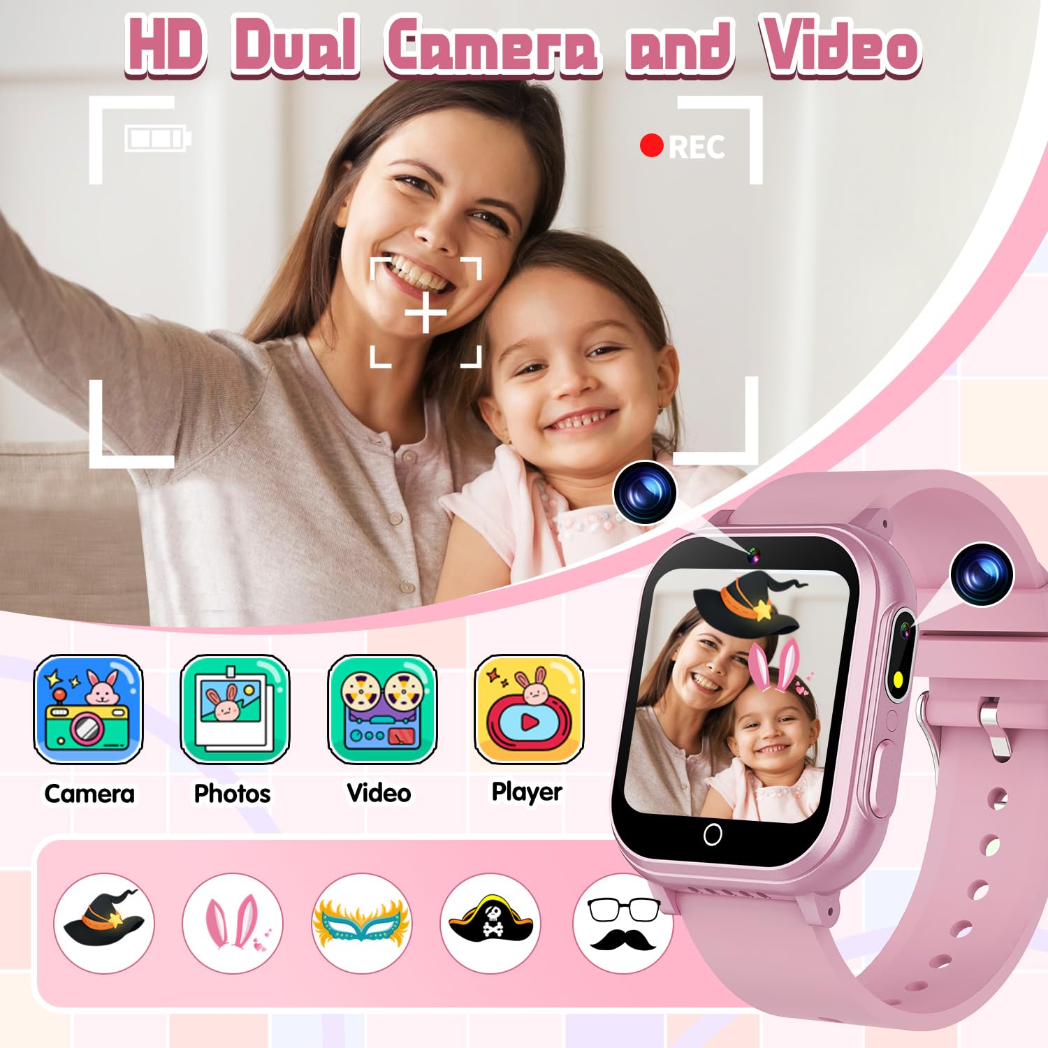 Orologio intelligente per bambini, regalo per ragazze dai 3 ai 12 anni, impermeabile IP67, 32 giochi di puzzle, touch screen HD, doppia fotocamera, pedometro, lettore musicale, orologio per bambini,