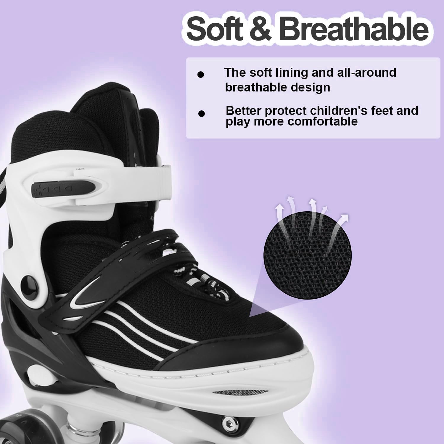 WHDOUNIS 4 Wheel Adjustable Kids Roller Skates with Lights, Elastic Straps, PU Wheels for Girls and Boys, Indoor Outdoor Skates for Toddlers 3-12 Years Old