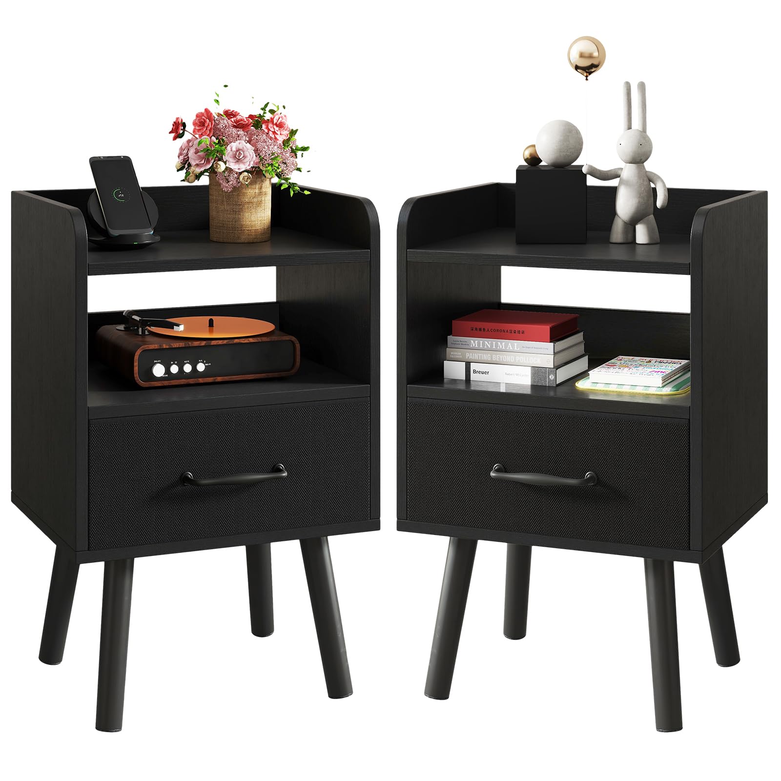 YMYNY Bedside Table Set of 2, Nightstand, Side Table, Wooden Sofa End Table with Fabric Drawer, Open Shelf, Solid Wood Legs, 39x29x63 cm, for Bedroom, Living Room, Black HST021B-2