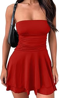 Women's Strapless Tube Ruched Waist Cute A Line Flowy Ruffle Hem Mini Dress - Buy now