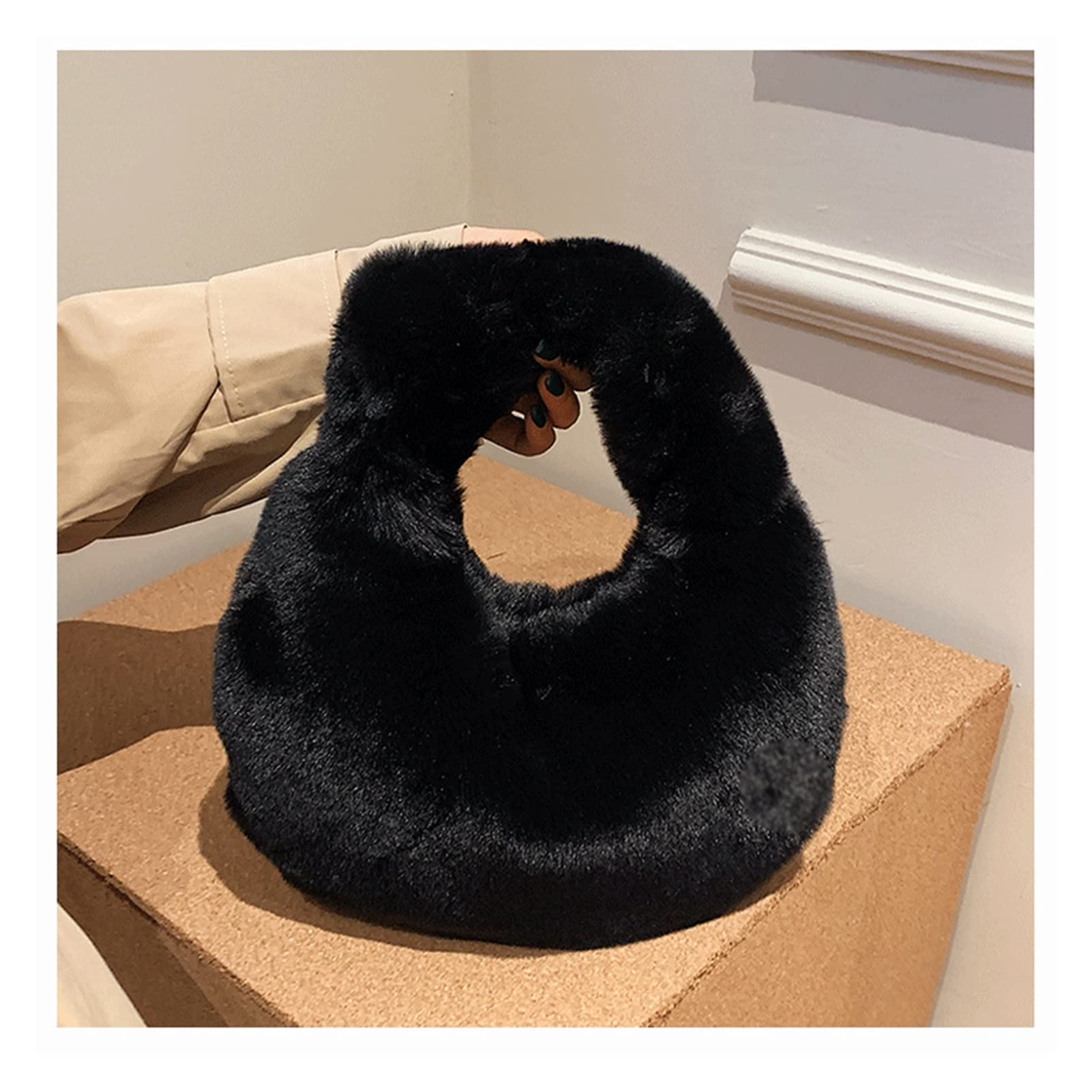 n/a Winter Women Plush Fluffy Handbag Ladies Tote Bag Purse Clutch Elegant Solid Color Portable Shopper Bag (Color : Black, Size : One Size)