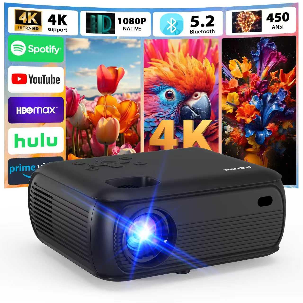 Mini Beamer mit WLAN und Bluetooth, 1080P Native, 4K-Unterstützung, Premium-Lautsprecher, Smart Android TV OS, WLAN 6, Bluetooth 5.2 und automatischer Trapezkorrektur, schwarz