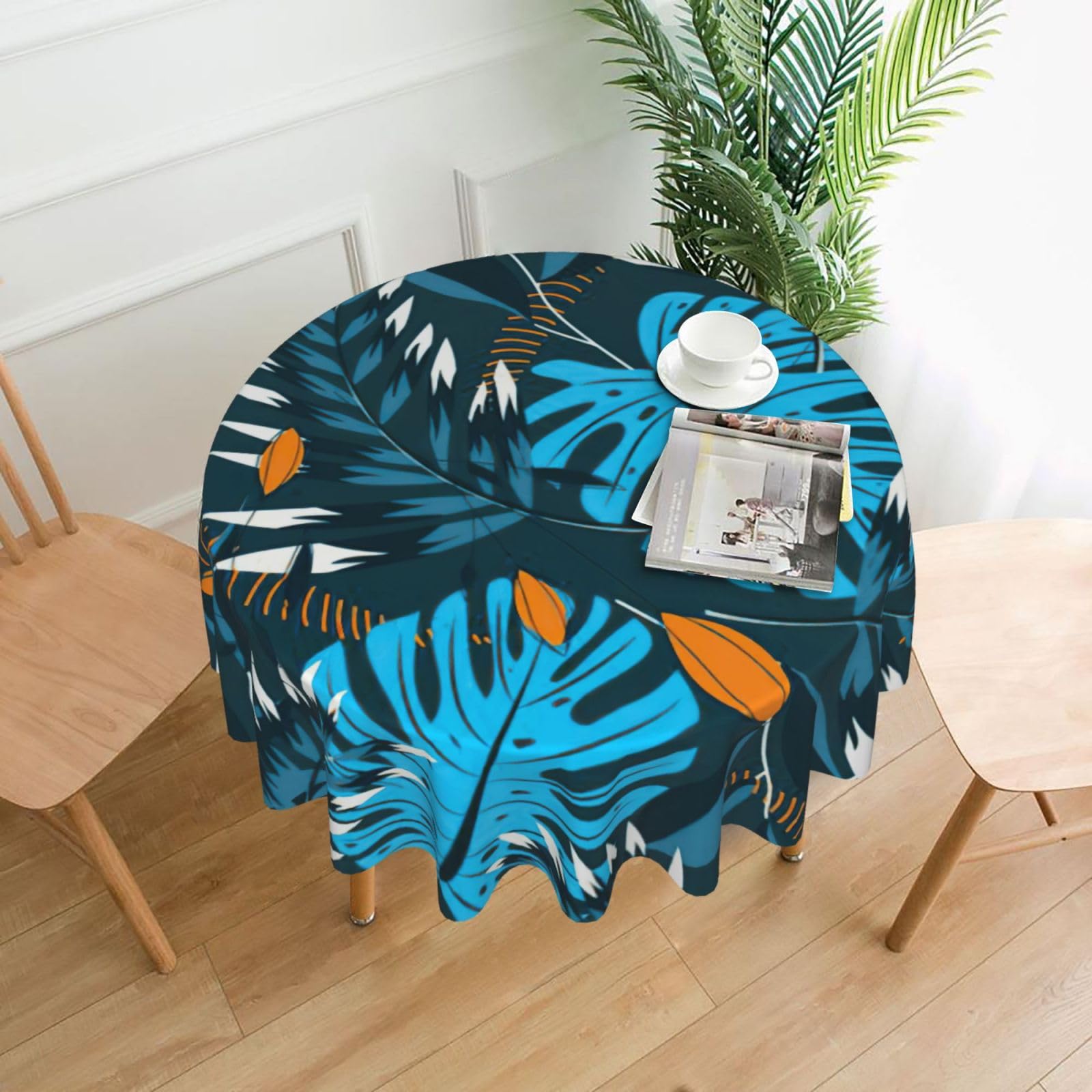 SDEGTHO Summer Tropical Leaves Print Modern Retro Round Tablecloth 60in Polyester Fabric Cover for Party Dining Table Washable