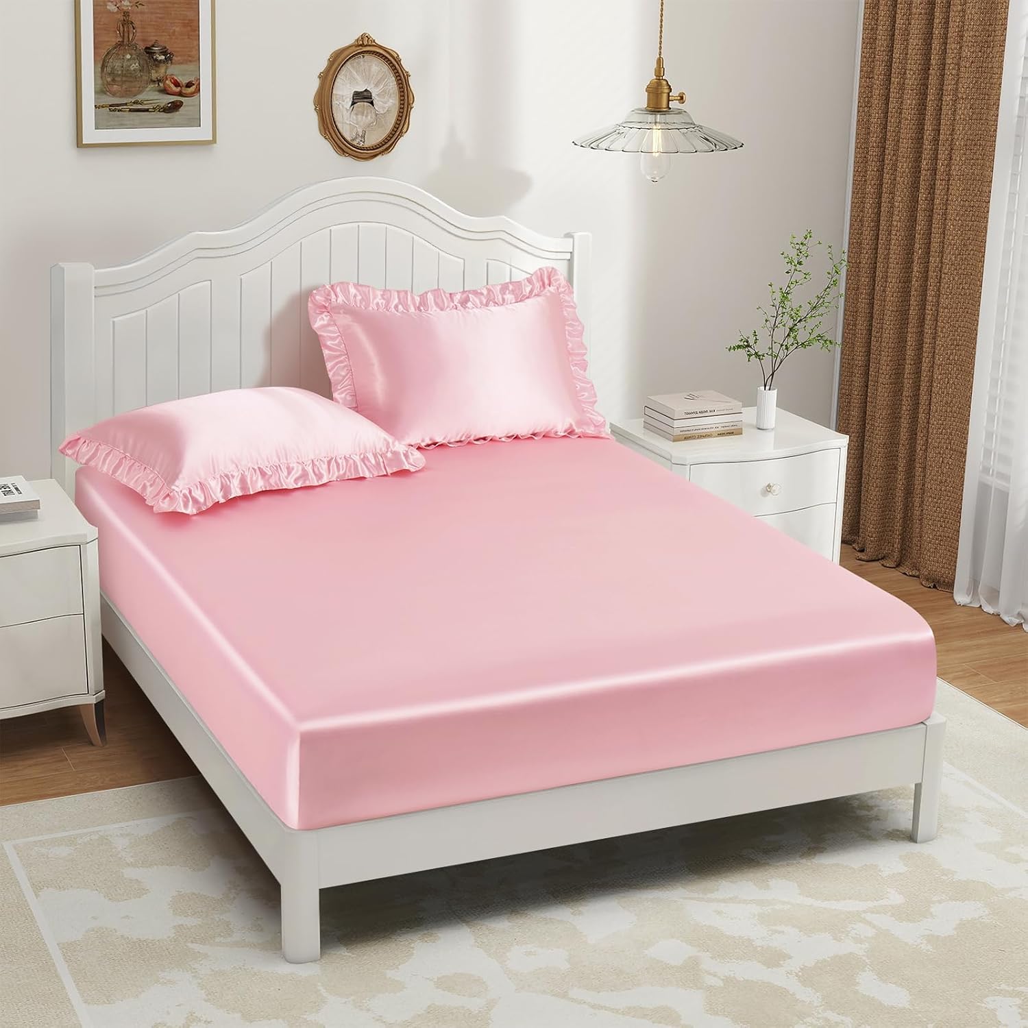 P Pothuiny 3-Piece Set Ruffle Satin Pillowcases & Queen Fitted Sheet, Luxury Blush Pink Satin Fitted Sheet Silky Soft Cute Bedding Bedroom Decor, Wrinkle Free, 15 Inch Deep Pocket