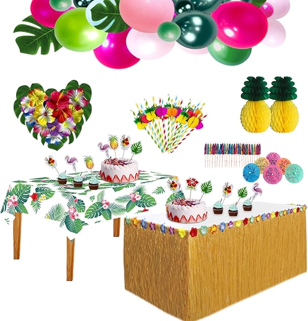 HBell 129pcs Hawaiian Tropical Party Decoration Set with Luau Table Skirt Tablecloths,Hawaii Flowers Decorate Balloons,3D Paper Straws Pineapples and Palm Leaves for Jungle Garden Beach Summer Party