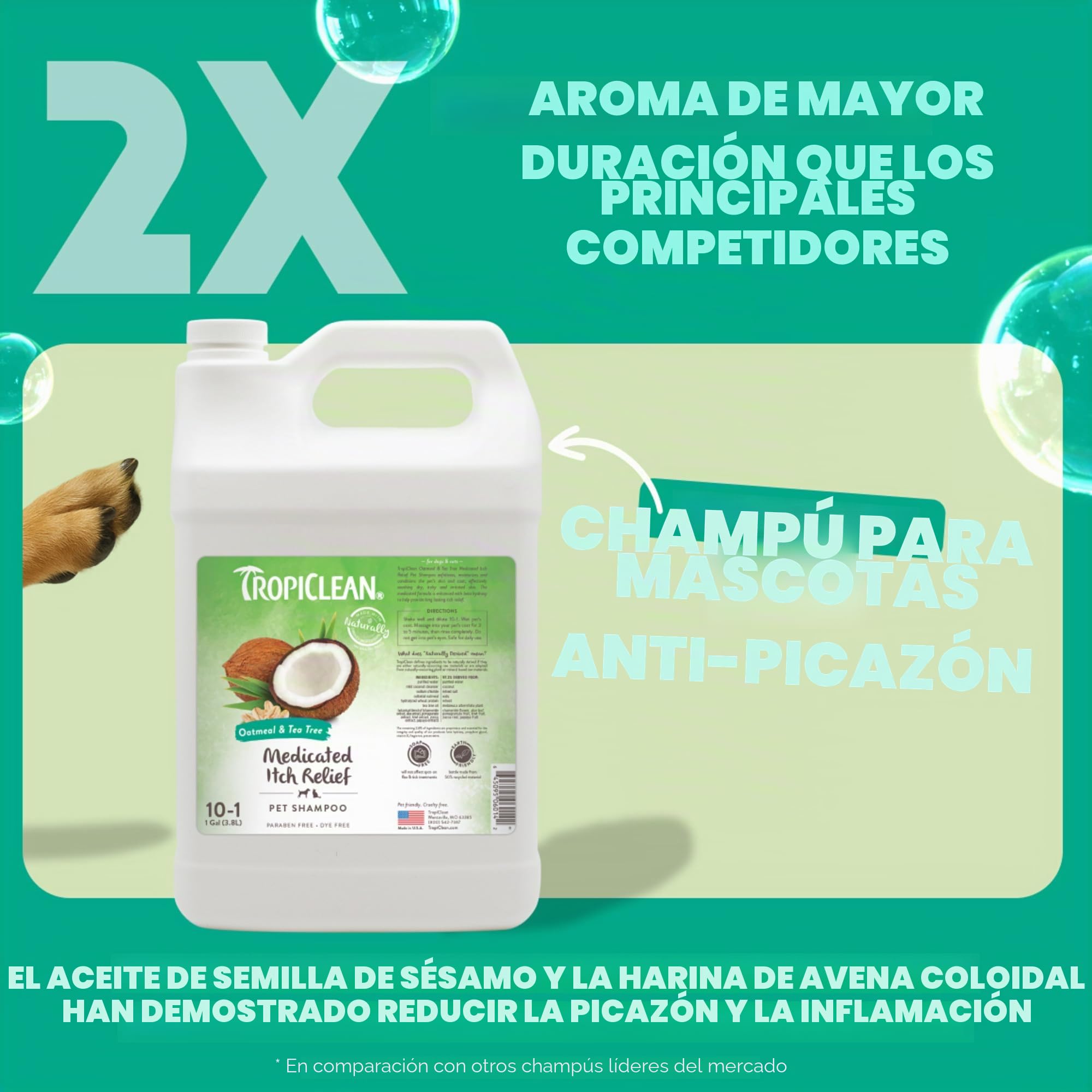 TropiClean Champú para Mascotas - Alivio Medicado de la Picazón - Exfolia, Humecta, Alivia la Piel y el Pelo Seco I Para Perros y Gatos I Sin Parabenos, Colorantes, Jabón - Avena y Árbol de Té, 3,78 L