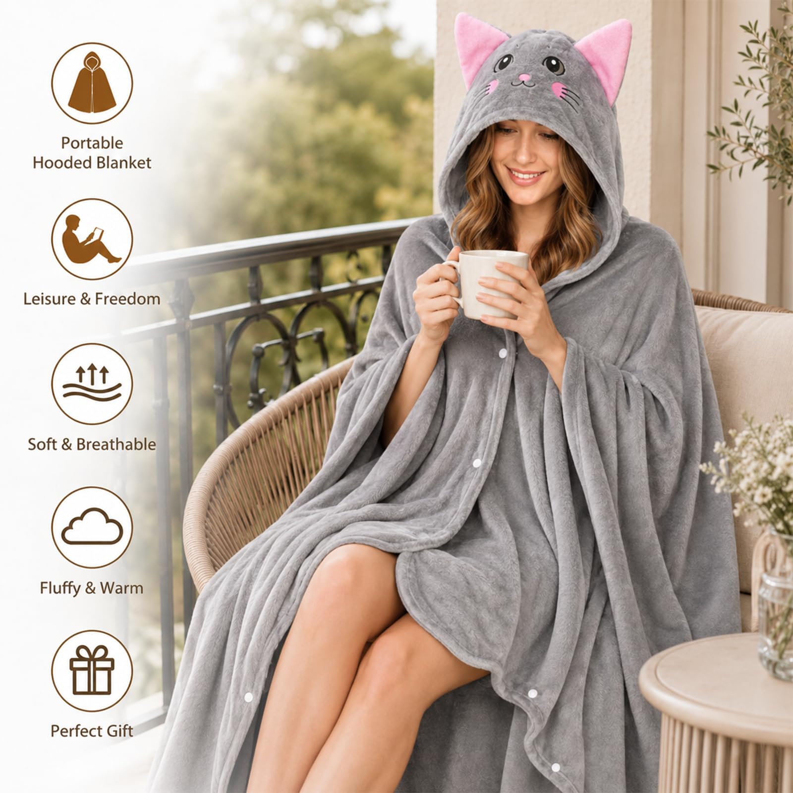 Manta con capucha y mangas, estilo sudadera, de franela, color gris, con forma de gato. Regalo ideal para amantes de los gatos, perfecto para el hogar, viajes, cumpleaños y mascotas(Gray Cat)