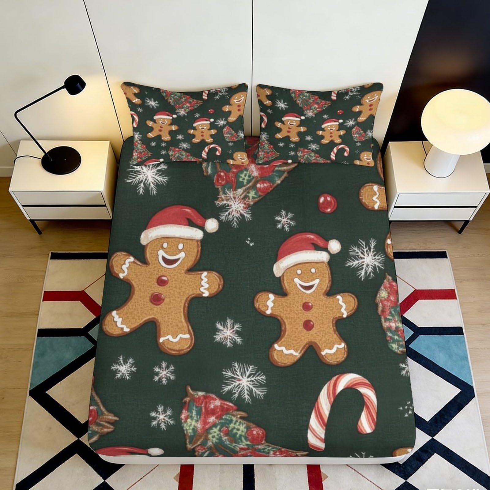 3D Printed Gingerbread Christmas Fitted Sheet Microfiber Non-Slip Santa Candy Cane Mattress Cover for Bedroom Guest Room 140x200x25cm