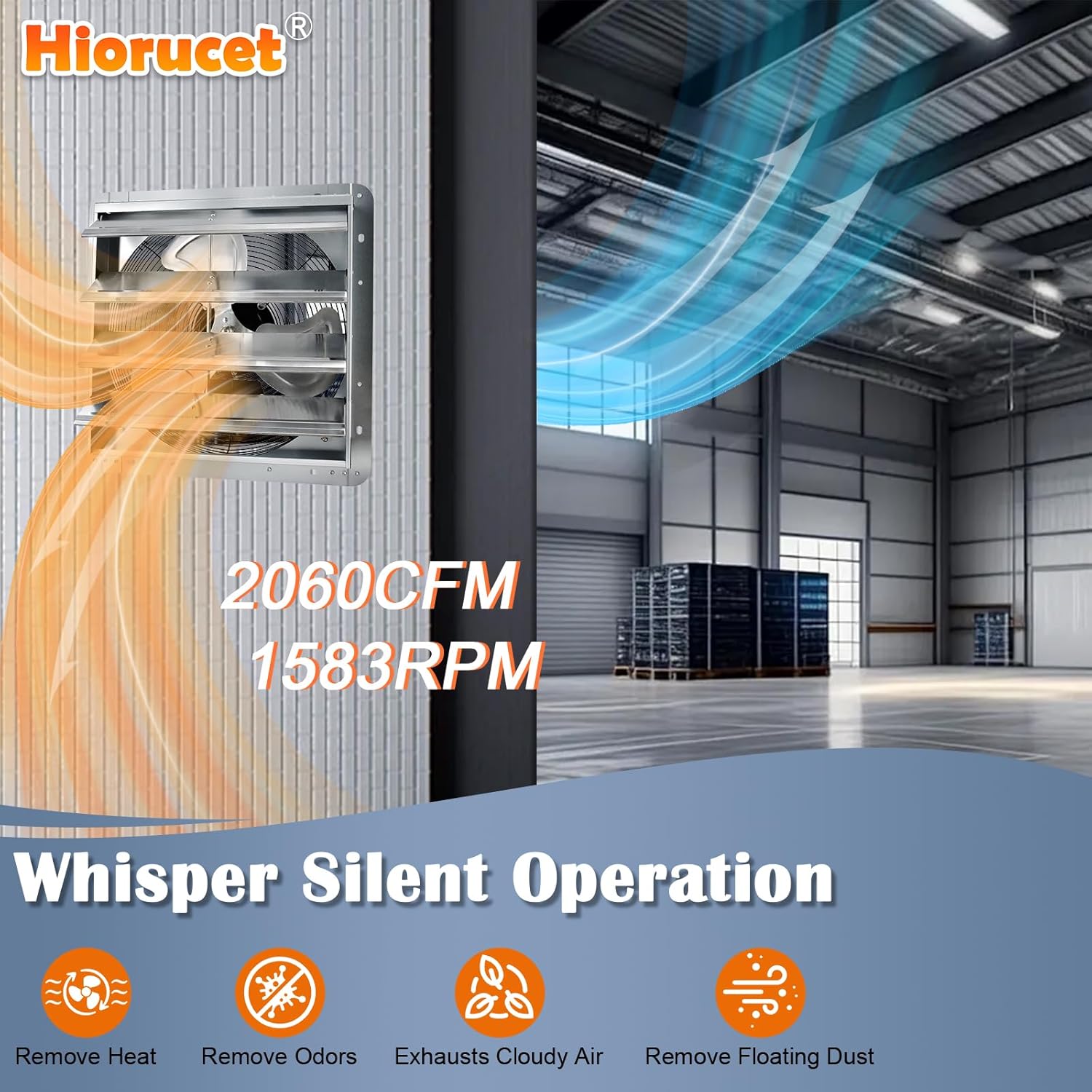 Hiorucet 16 Inch Wall Mounted Shutter Exhaust Fan with 1.8m Power Cord, 2060CFM High Speed Low Noise Aluminum Louvered Exhaust Fan for Greenhouse, Garage, Shop, Attics, Chicken Coop Ventilation Fan.