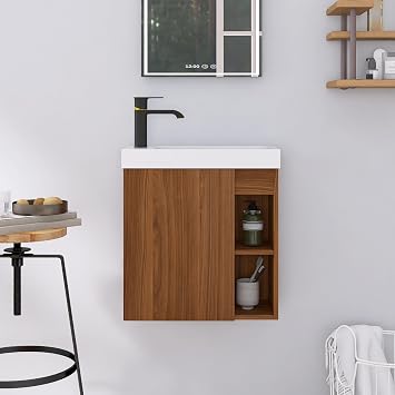 20" Floating Bathroom Vanity with Sink, 20 inch Single Sink Bathroom Wall Mounted Vanity Combo for Small Space, Brown Wall-Hung Cabinet Set with 1 Door and White Resin Basin Top07520CPW