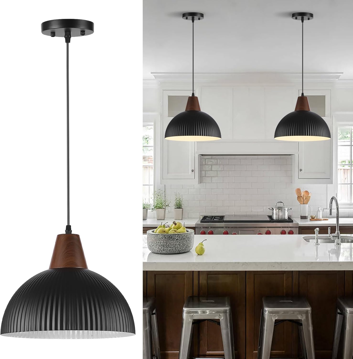 Black Pendant Lights Kitchen Island, 11.8" Dome Pendant Light Fixtures Modern Farmhouse Hanging Light for Dining Room Bedroom Bar Sink