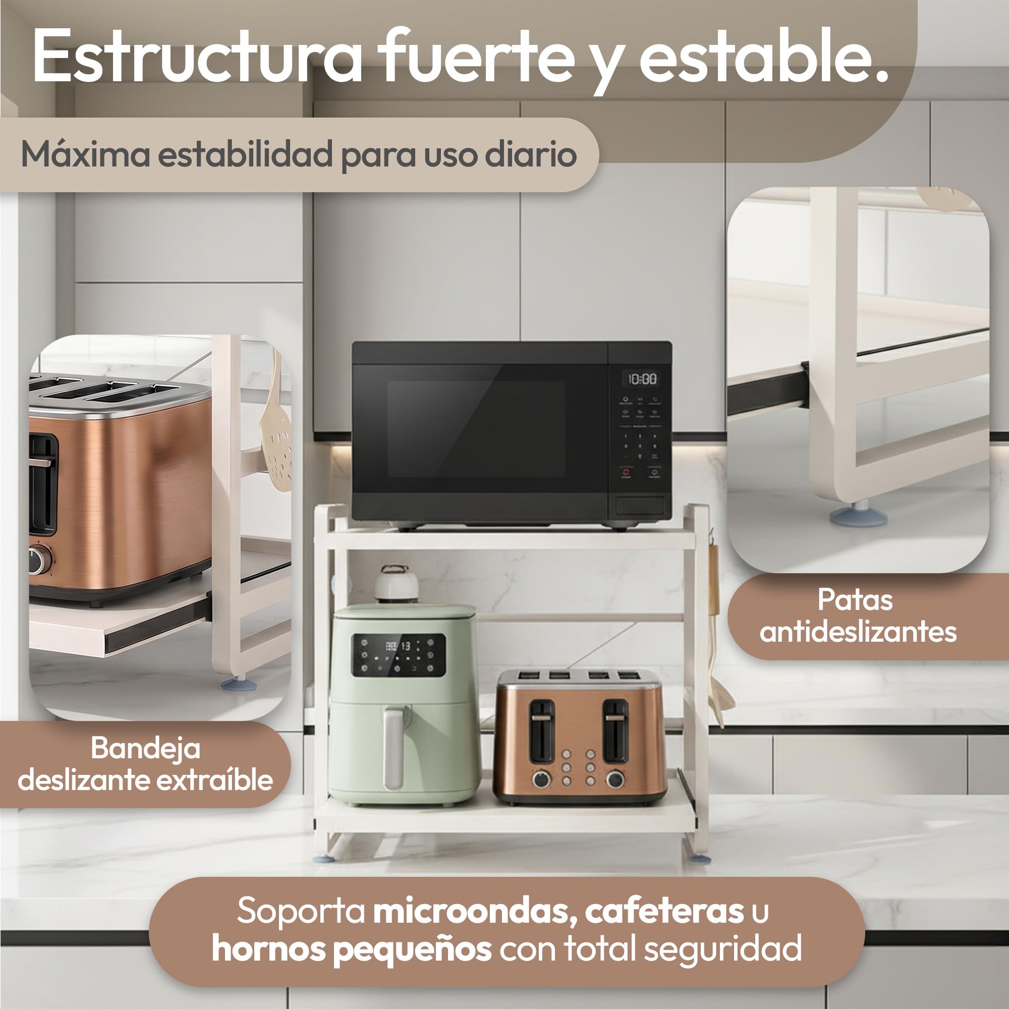 Soporte Ajustable para Microondas Blanco con Bandeja Extraíble, Estante Extensible Antideslizante con Ventosas, Organizador de Cocina Firme, Alta Resistencia y Gran Capacidad de Carga