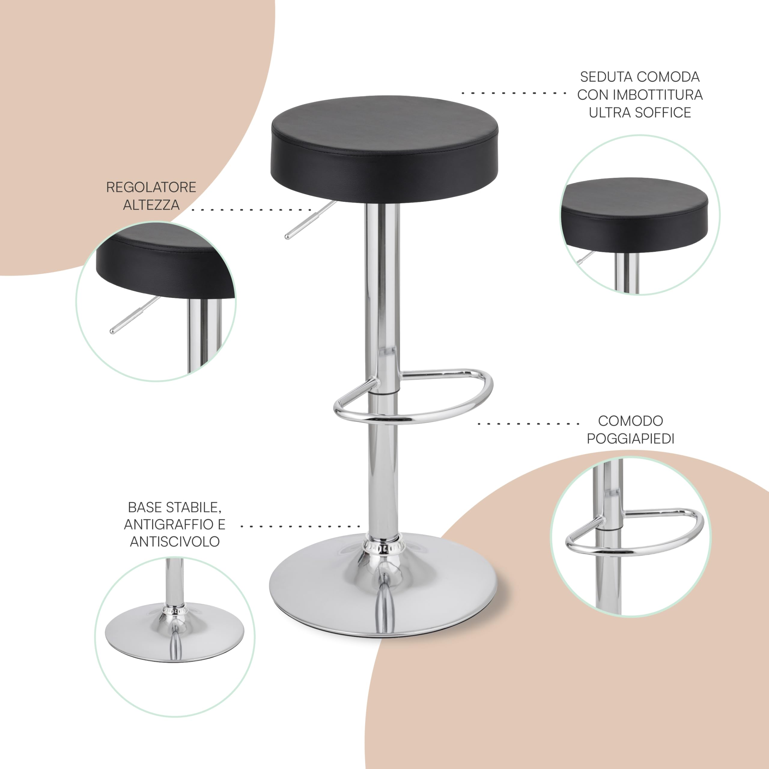 Baroni Home Sgabello Bar Girevole con Altezza Regolabile, Base Cromata con Poggiapiedi e Fondo Antigraffio, Sgabello Cucina, Ristorante, Penisola, Facile da Montare, 35x45x59-79 cm, Nero, 1 Pezzo