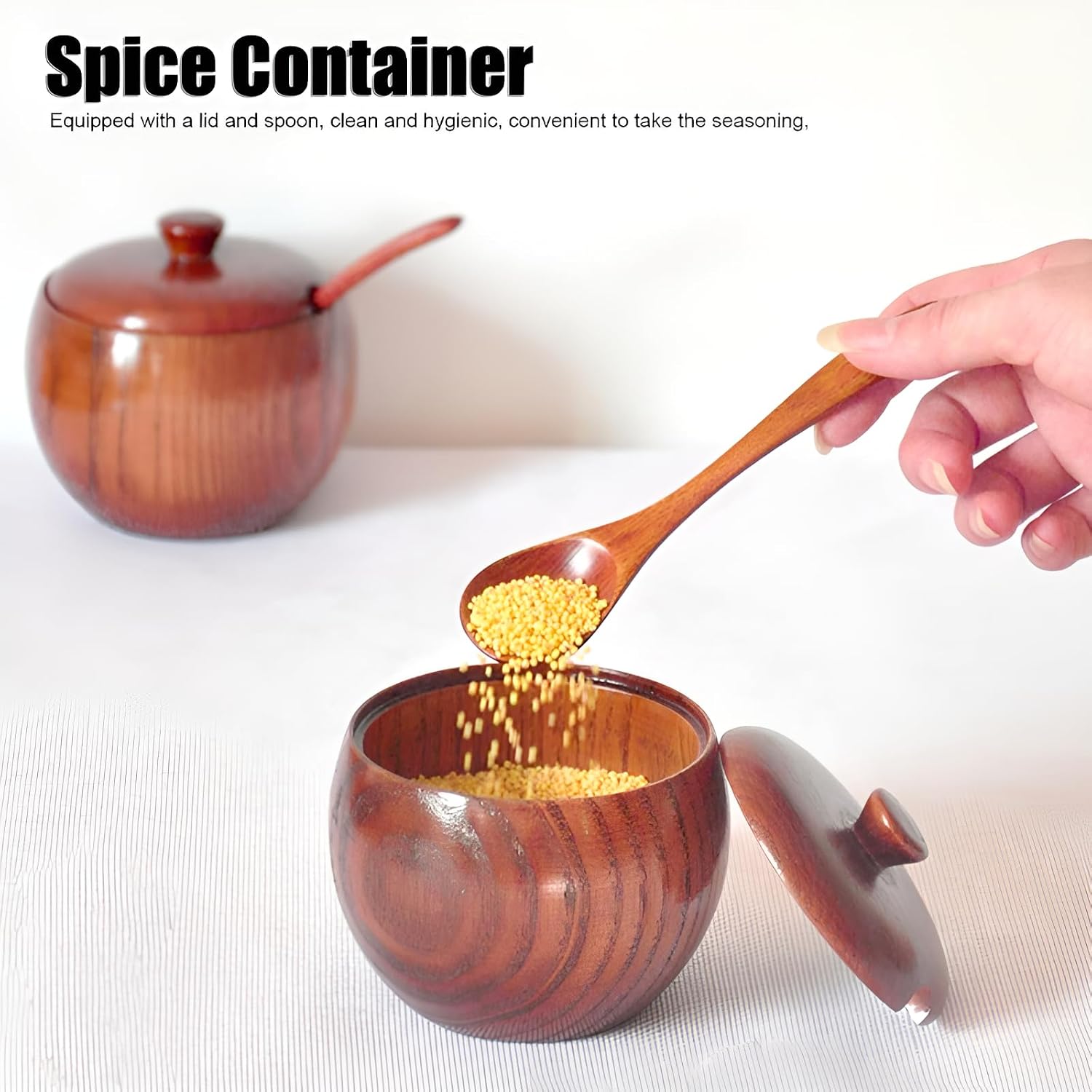 Wooden Salt Box with Lid and Spoon, Brown Salt Cellar