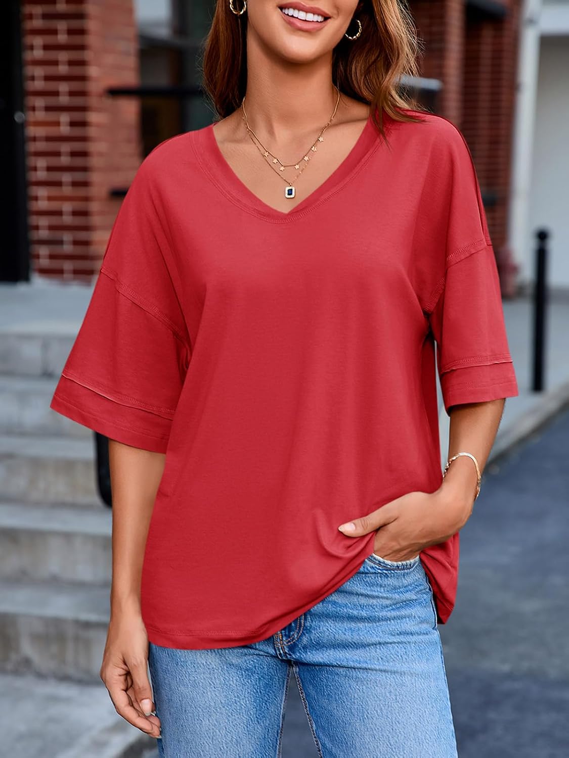 Tankaneo Womens V Neck Oversized Tshirts Summer Casual Short Sleeve Shirts Baggy Loose Fit Tees Tunic Tops - Image 2