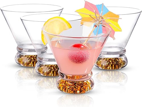 YLNNLC Juego de 4 vasos de Martini de 8 onzas, con base de diamante triturado, sin tallo, copas de cóctel de Martini sin tallo para Margarita,