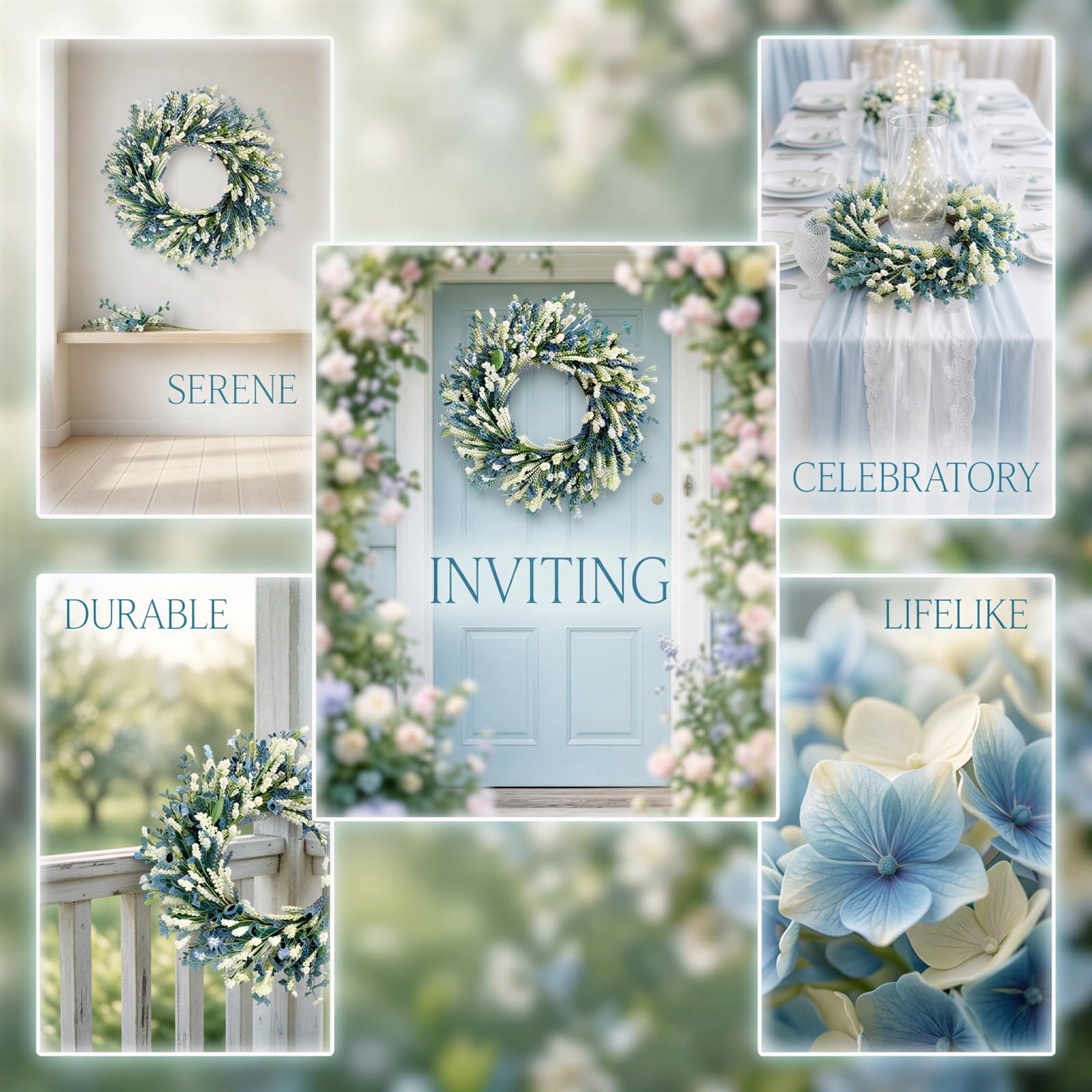 Ghirlanda di fiori artificiali da 15.7 in / 40 cm, ghirlanda floreale mista blu e bianca, verde intenso, decorazione primaverile estiva per porta d'ingresso, da appendere alla parete, composizione