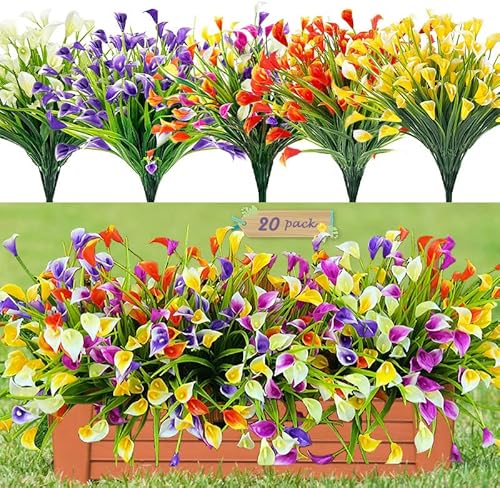 Heleooky 20 Bundles Artificial Fake Flowers for Outdoors Plastic Flowers Calla Lily, UV Resistant Plastic Artificial Plants,Fake Flowers Inside Decor for Garden Hanging Planter (20, Mixed)