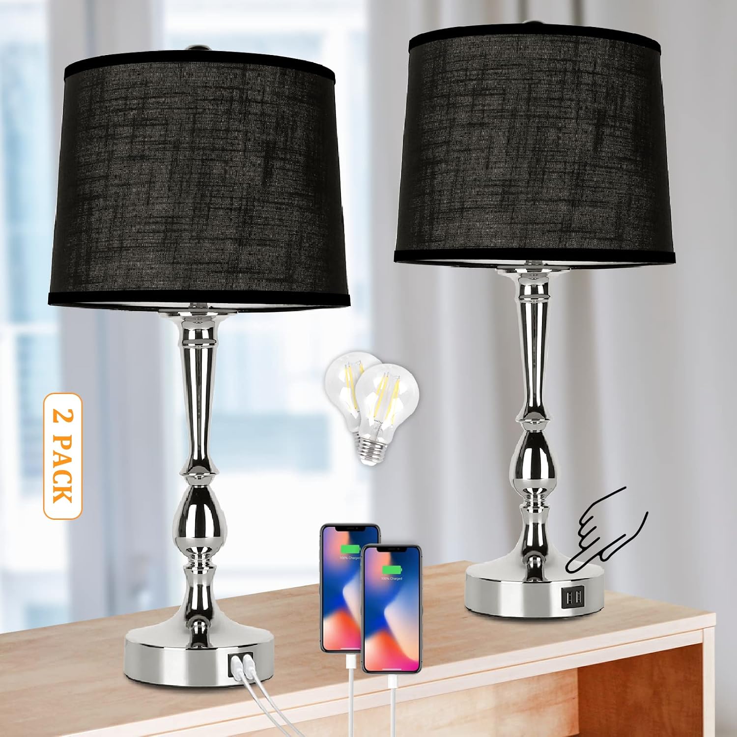 Dott Arts 24.8'' Table Lamps for Bedroom Set of 2, Modern Bedside Lamps with Dual USB Charging Ports, 3 Way Dimmable Touch Control Nightstand Lamp Large Table Lamps for Living Room(Silvery+Black)