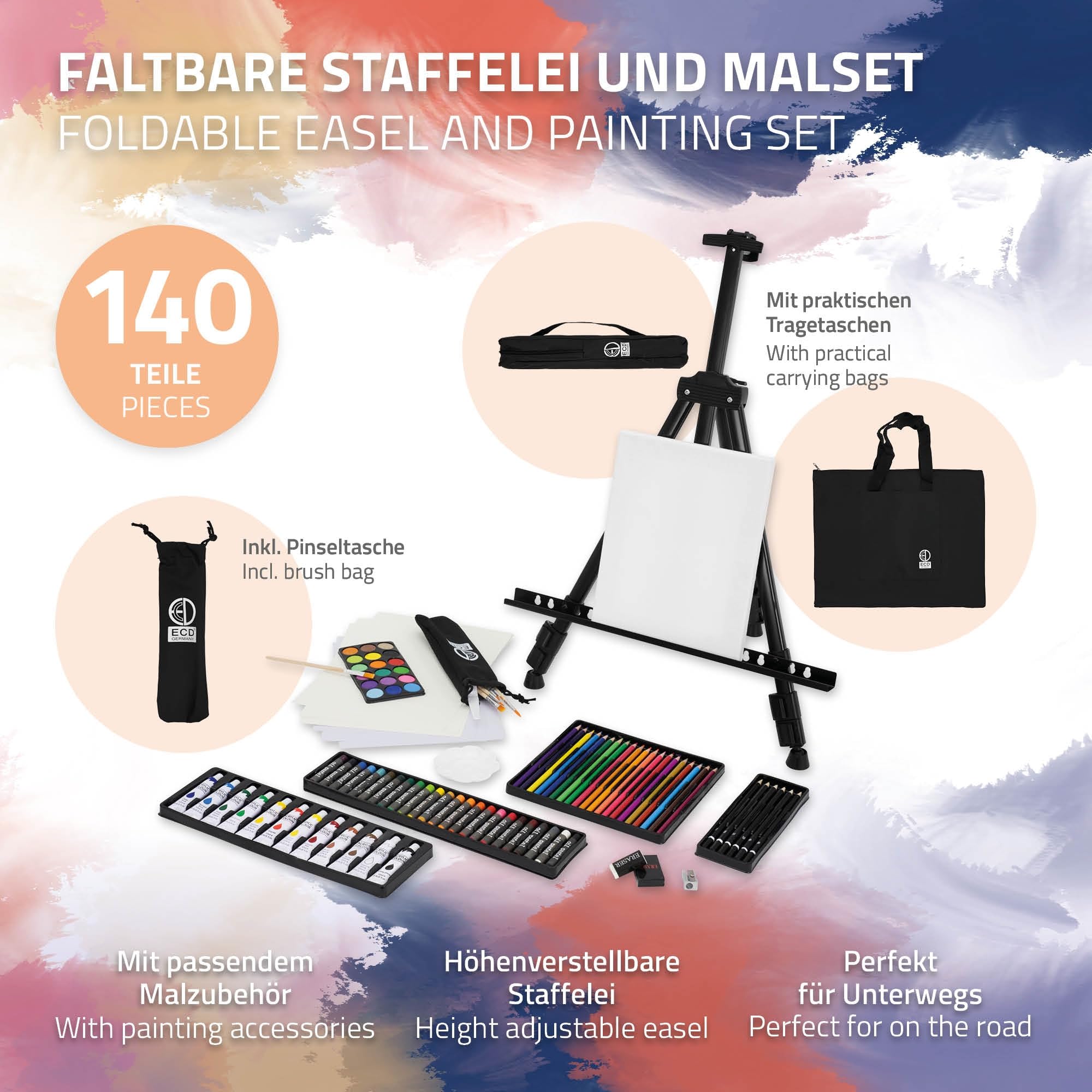 ECD Germany Set per Pittura con Cavalletto Treppiede in Alluminio e Borsa Kit Disegno 140 pezzi Colori Acrilici Pastelli Matite Colorate Acquarelli con Custodia per Artisti Principianti Hobby