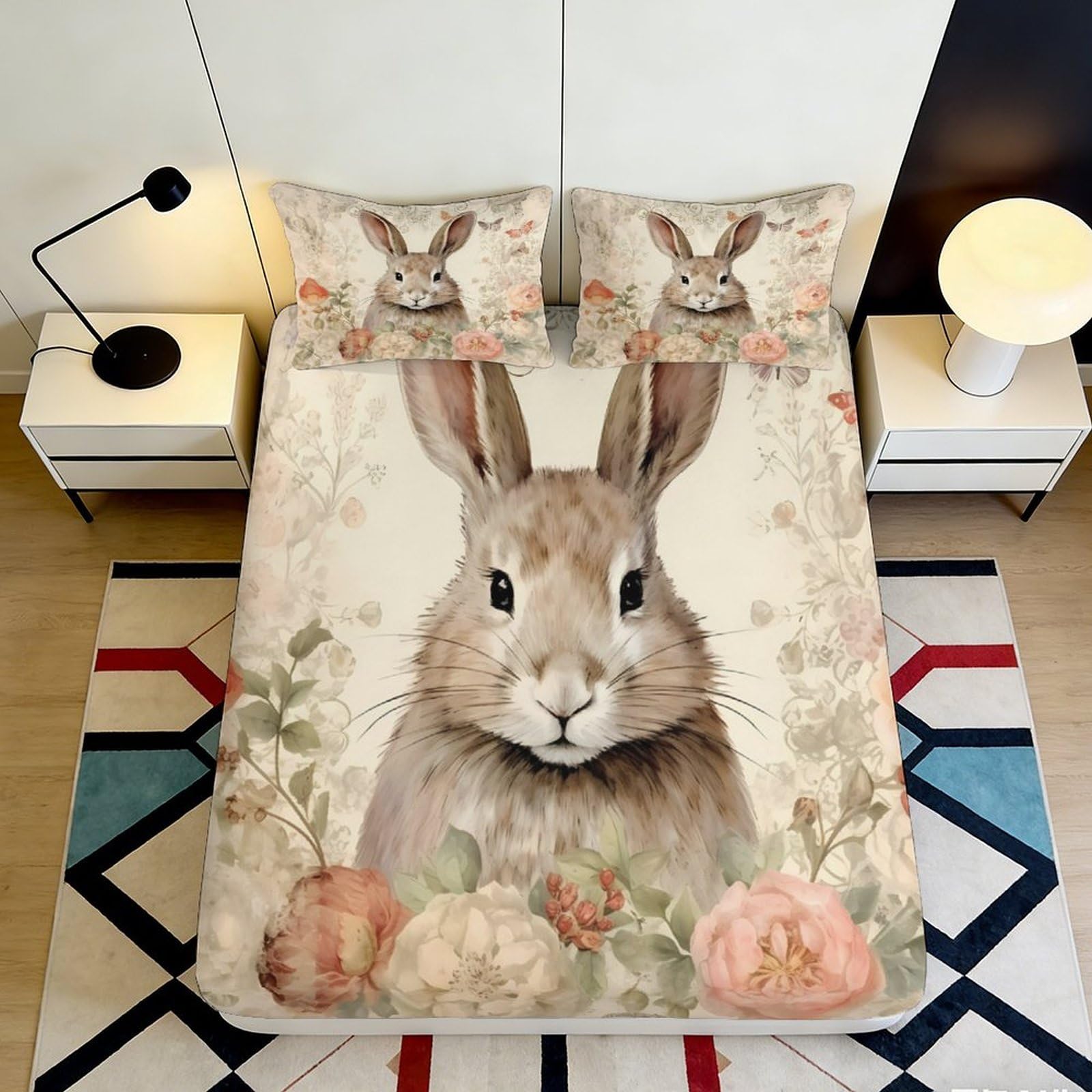 Kzqnxhjprl Style-1 3D Printed Rabbit Floral Fitted Sheet Microfiber Soft Breathable Bunny Bed Cover For Bedroom Guest Room Decor Mattress Protection 90X200x25cm