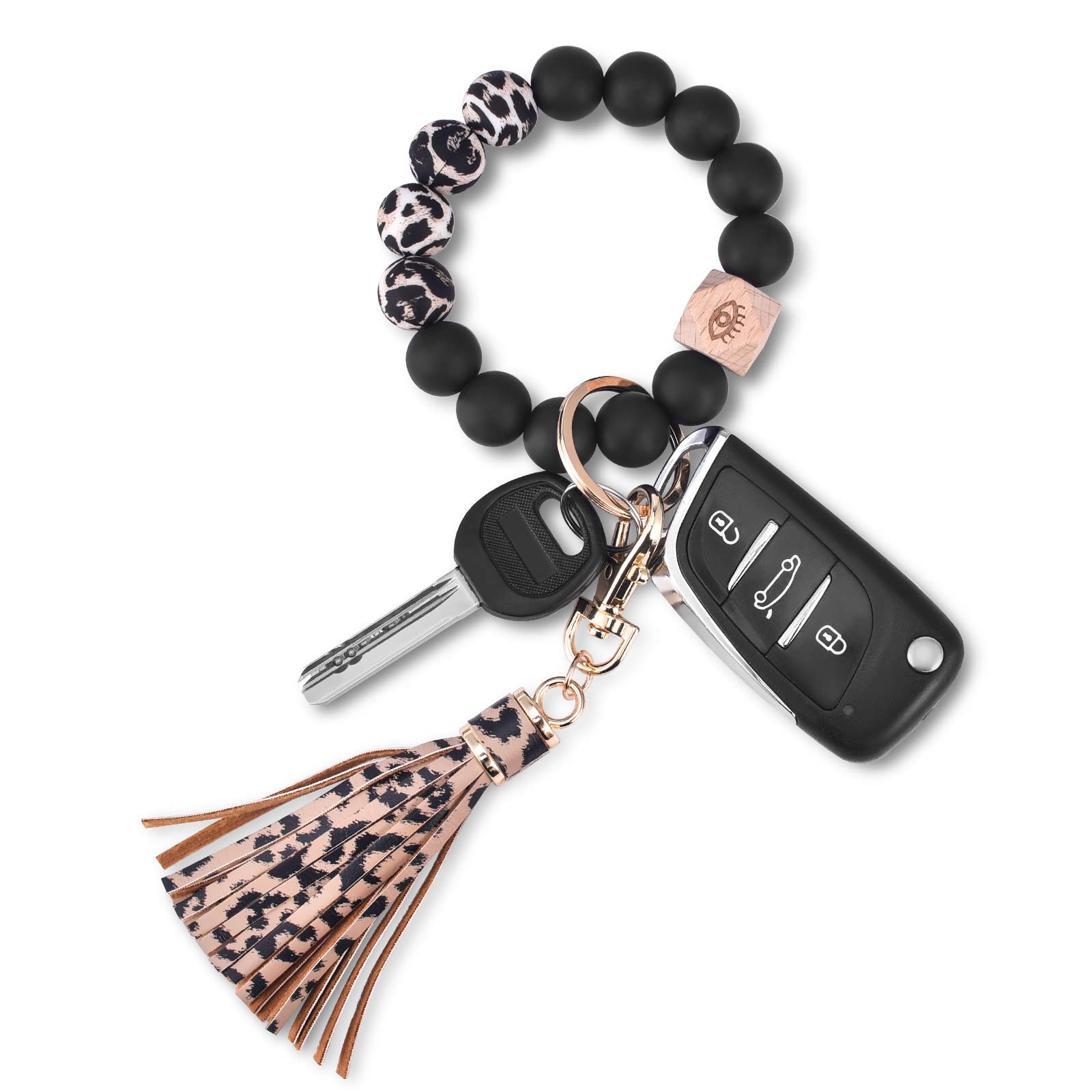 Key Ring Bracelet Wristlet Keychain: Silicone Beaded Bangle Chains, Leopard, S