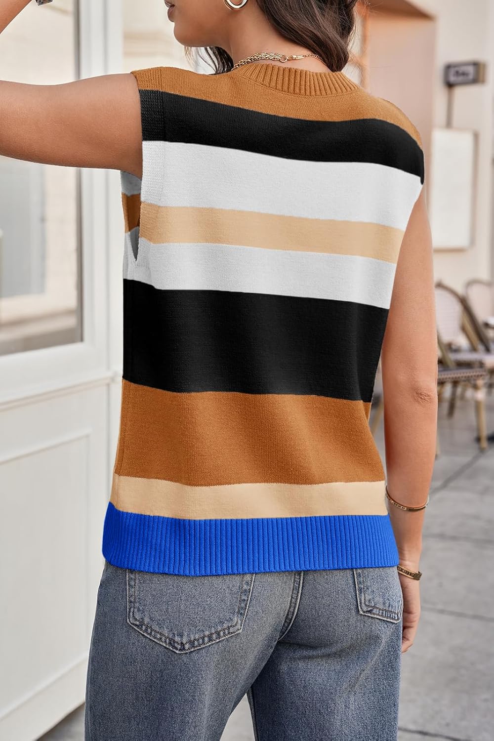 Tankaneo Womens Color Block Striped Sweater Vest Tops Summer Casual Button Up Knit Sleeveless Cardigan Tank Tops - Image 5