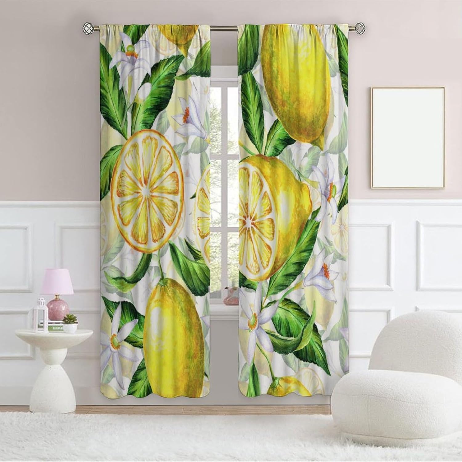 Lemon Theme Bedroom Curtains, Summer Lemon Floral Botanical Art Style Bedroom Curtains, Suitable for Bedroom, Living Room, Private Office and Corporate Office 42xL45 Inch Decor