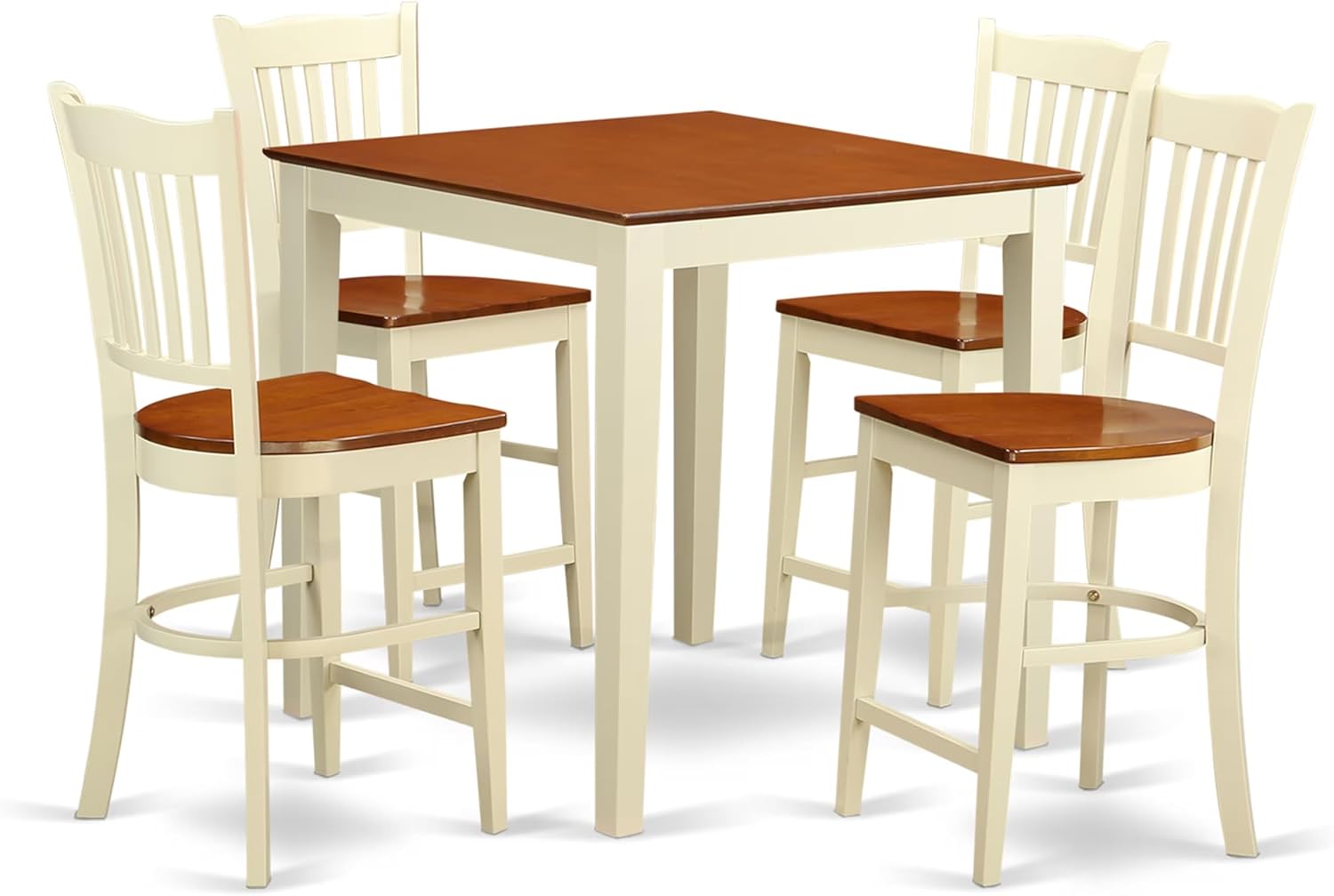 East West Furniture VNGR5-WHI-W 5 Piece Counter Height Dining Table Set Includes a Square Kitchen Table and 4 Dining Chairs, 36x36 Inch, Buttermilk & Cherry