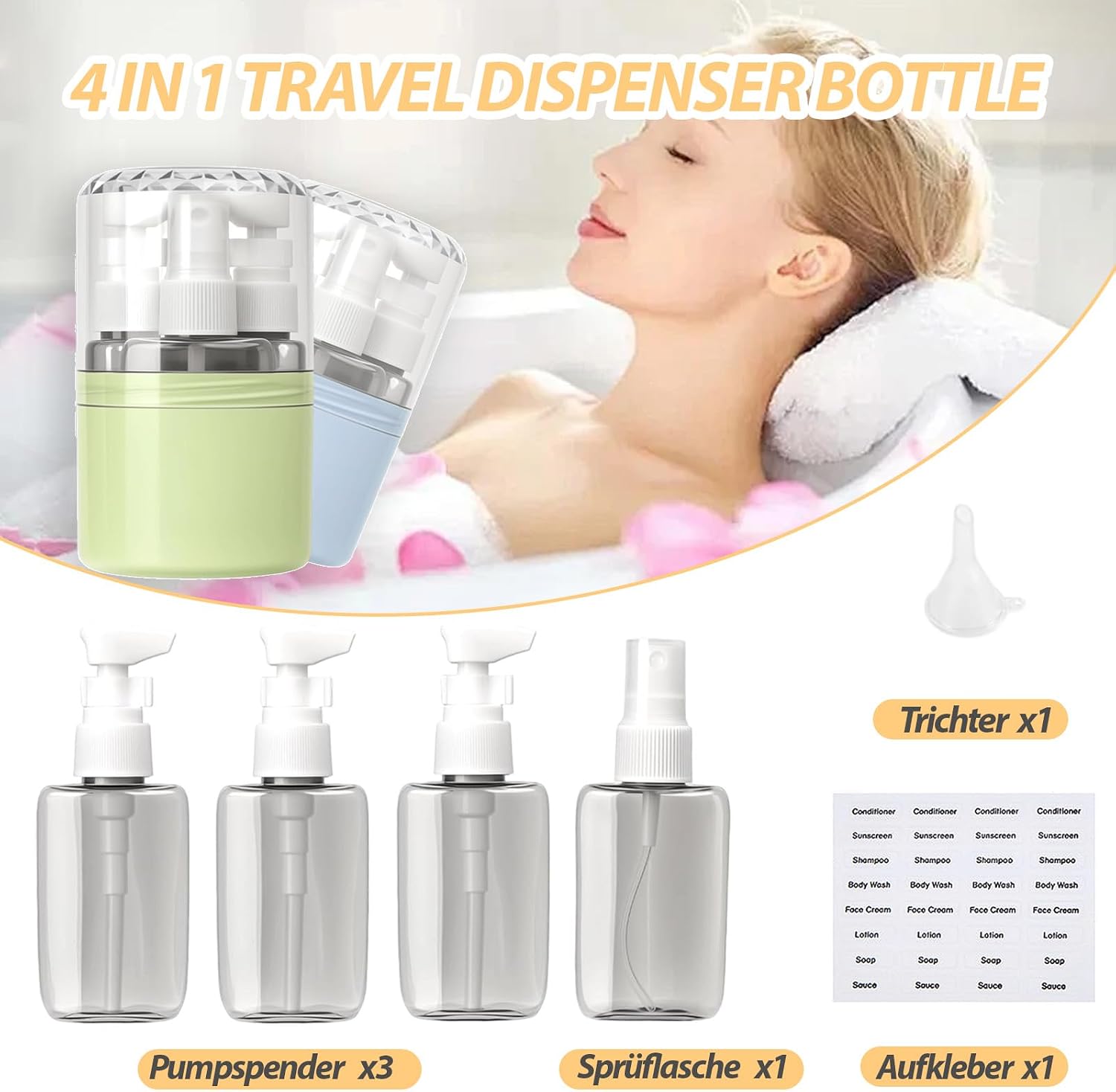 4 In 1 Travel Dispenser Bottle Refillable, Travel Bottles No Spill Space Saving Compact, For Vacation Business Trip, With Scale, English Label (Green,4-1)