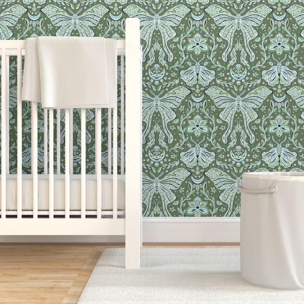 Peel & Stick Wallpaper 6ft x 2ft - Whimsical Insect Moth Floral Botanical Moon Vines Leaves Flowers Green Blue Nature Block Print Custom Removable Wallpaper by Spoonflower