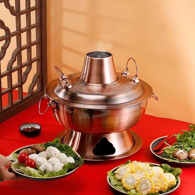 Olla China de Cobre, Hot Pot Mongol, Base Eléctrica y Carbón, 34 cm miniatura 4