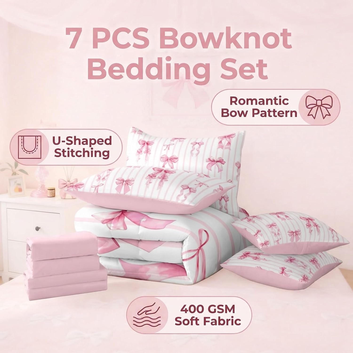 Erosebridal Pink Ribbon Bowknot Bed in A Bag with Sheets for Girls Kids Teens Women Princess Satin Bow Twin Comforter Set 7 Piece Kawaii Coquette Bedding Set Pink Stripes Bed Set