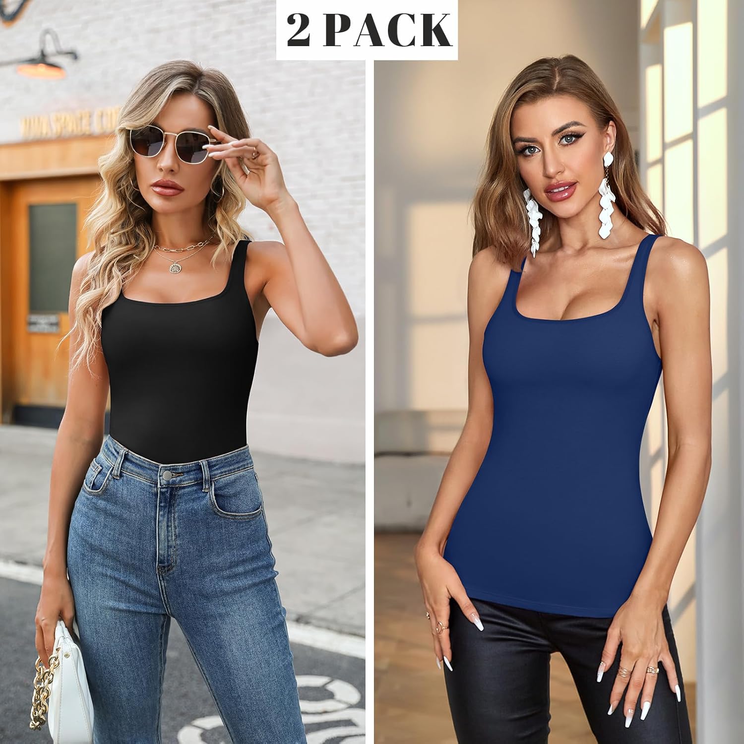 V FOR CITY Tank Top for Women with Shelf Bra Cotton Adjustable Wide Strap Camisole Basic Cami Shirts 2 Pack - Image 7