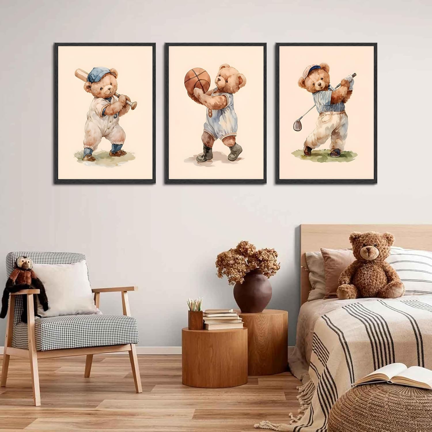 Teddy Bear Sports Nursery Animal Wall Art Cute Woodland Rugby Wall Decor Pictures Vintage Basketball Baseball Kids Room Canvas Poster Prints for Boys Room Bedroom Decorations (16x24in Unframed) - Image 2