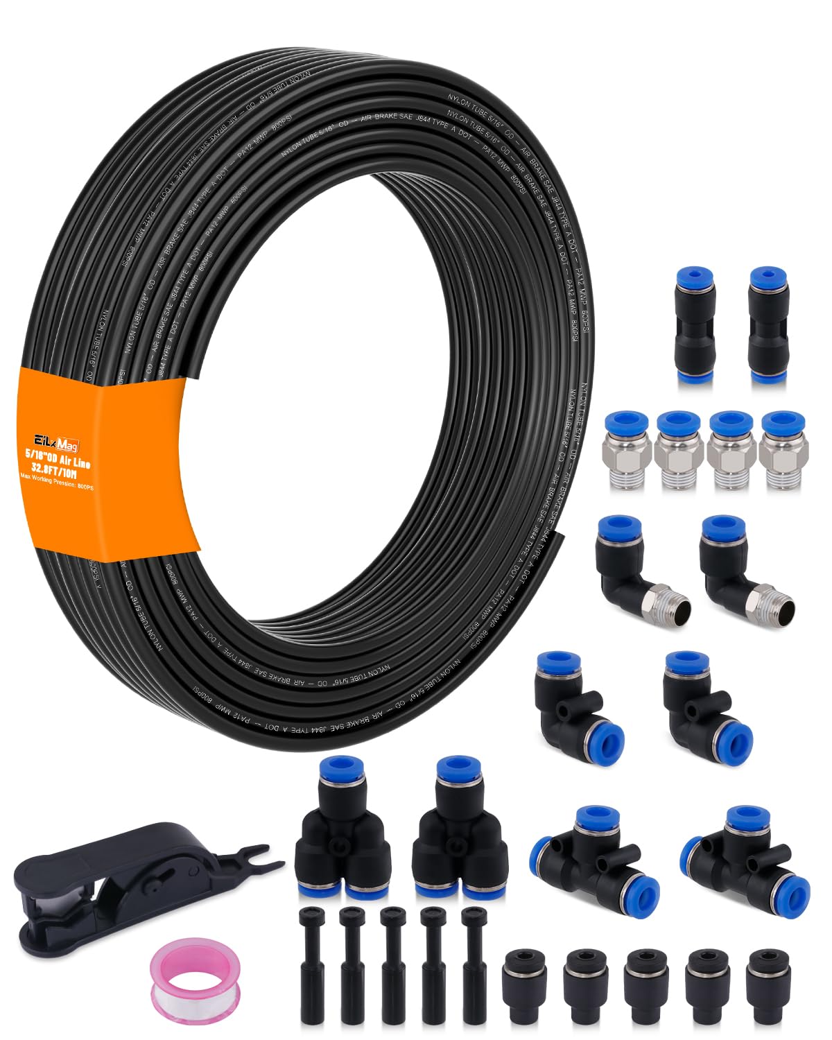 5/16" Air Line Tubing Kit, 32.8FT SAE J844 PA Nylon Air Hose Tubing