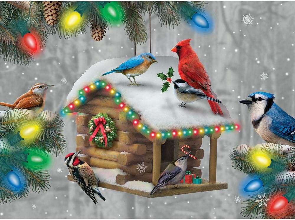 Bits and Pieces – 300 Piece Jigsaw Puzzle for Adults – Festive Feathered Friends - Glow - in - The - Dark Holiday Birdhouse Christmas Pine Tree Lights Jigsaw Puzzle by Artist Alan Giana