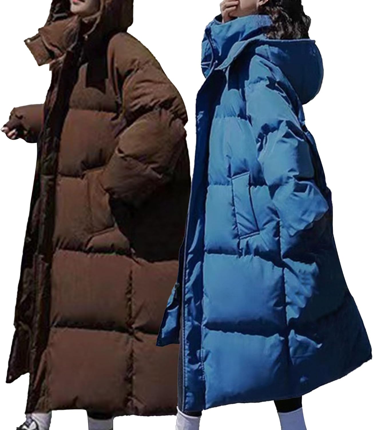 2 Pack Long Puffer Jacket for Women Casual Loose Winter Maxi Length Quilted Jacket Oversized Thickened Padded Coat